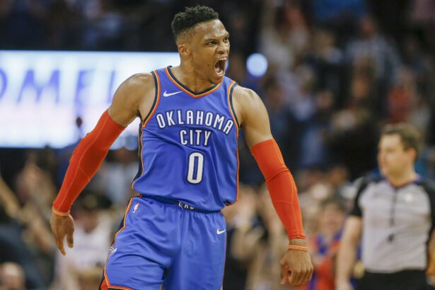 Mar 13, 2019; Oklahoma City, OK, USA; Oklahoma City Thunder guard Russell Westbrook (0) celebrates after scoring against the Brooklyn Nets during the second half at Chesapeake Energy Arena. Mandatory Credit: Alonzo Adams-USA TODAY Sports