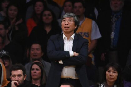 Los Angeles Lakers minority owner and Los Angeles Times owner Patrick Soon-Shiong reacts during the game against the San Antonio Spurs at Staples Center.