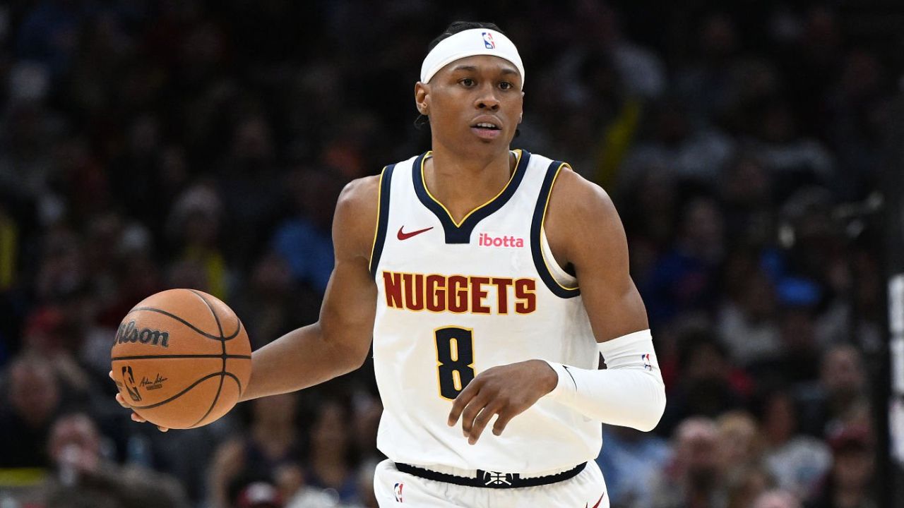 CLEVELAND, OH - JANUARY 2: Peyton Watson #8 of the Denver Nuggets dribbles the ball during the game against the Cleveland Cavaliers on January 2, 2026 at Rocket Arena in Cleveland, Ohio. (Photo by Brian Kolin/NBAE via Getty Images)