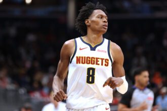 Jan 22, 2026; Washington, District of Columbia, USA; Denver Nuggets guard Peyton Watson (8) looks on during the second half against the Washington Wizards at Capital One Arena. Mandatory Credit: Daniel Kucin Jr.-Imagn Images
