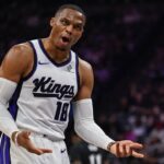 Nov 9, 2025; Sacramento, California, USA; Sacramento Kings guard Russell Westbrook (18) reacts during the second quarter against the Minnesota Timberwolves at Golden 1 Center. Mandatory Credit: Justine Willard-Imagn Images