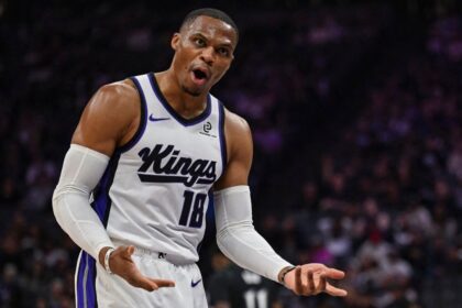 Nov 9, 2025; Sacramento, California, USA; Sacramento Kings guard Russell Westbrook (18) reacts during the second quarter against the Minnesota Timberwolves at Golden 1 Center. Mandatory Credit: Justine Willard-Imagn Images