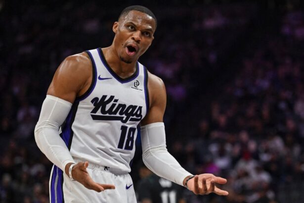 Nov 9, 2025; Sacramento, California, USA; Sacramento Kings guard Russell Westbrook (18) reacts during the second quarter against the Minnesota Timberwolves at Golden 1 Center. Mandatory Credit: Justine Willard-Imagn Images