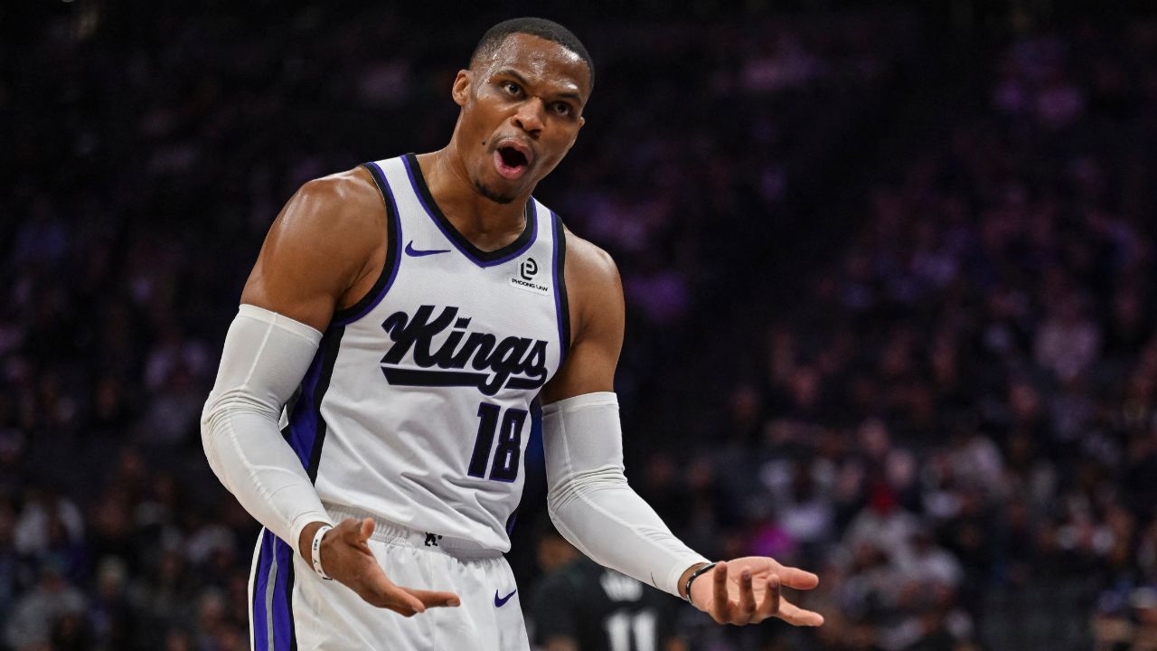 Nov 9, 2025; Sacramento, California, USA; Sacramento Kings guard Russell Westbrook (18) reacts during the second quarter against the Minnesota Timberwolves at Golden 1 Center. Mandatory Credit: Justine Willard-Imagn Images