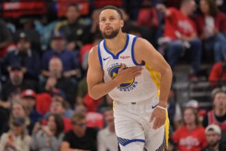 Apr 15, 2026; Inglewood, California, USA; Golden State Warriors guard Stephen Curry (30) heads down court after a three-point basket in the first half against the Los Angeles Clippers during the play-in rounds of the 2026 NBA Playoffs at Intuit Dome. Mandatory Credit: Jayne Kamin-Oncea-Imagn Images