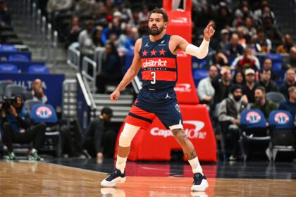 Mar 16, 2026; Washington, District of Columbia, USA; Washington Wizards guard Trae Young (3) on the court against the Golden State Warriors during the first half at Capital One Arena. Mandatory Credit: Brad Mills-Imagn Images