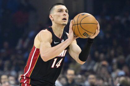 Mar 25, 2026; Cleveland, Ohio, USA; Miami Heat guard Tyler Herro (14) looks to shoot in the first quarter against the Miami Heat at Rocket Arena. Mandatory Credit: David Richard-Imagn Images