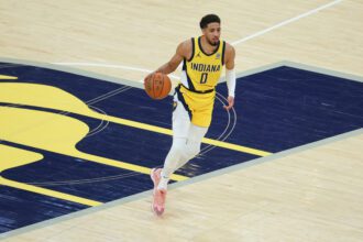 Indiana Pacers guard Tyrese Haliburton (0) dribbles the ball against the Oklahoma City Thunder in the second quarter during game six of the 2025 NBA Finals at Gainbridge Fieldhouse.