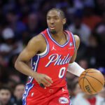 Apr 3, 2026; Philadelphia, Pennsylvania, USA; Philadelphia 76ers guard Tyrese Maxey (0) dribbles the ball against the Minnesota Timberwolves during the first quarter at Xfinity Mobile Arena. Mandatory Credit: Bill Streicher-Imagn Images