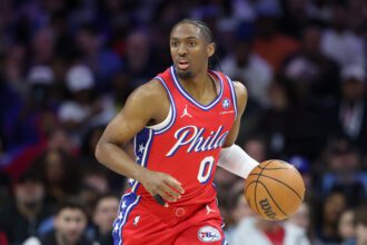Apr 3, 2026; Philadelphia, Pennsylvania, USA; Philadelphia 76ers guard Tyrese Maxey (0) dribbles the ball against the Minnesota Timberwolves during the first quarter at Xfinity Mobile Arena. Mandatory Credit: Bill Streicher-Imagn Images