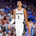 May 20, 2026; Oklahoma City, Oklahoma, USA; San Antonio Spurs forward Victor Wembanyama (1) looks on during the fourth quarter against the Oklahoma City Thunder during game two of the western conference finals for the 2026 NBA playoffs at Paycom Center. Mandatory Credit: Alonzo Adams-Imagn Images