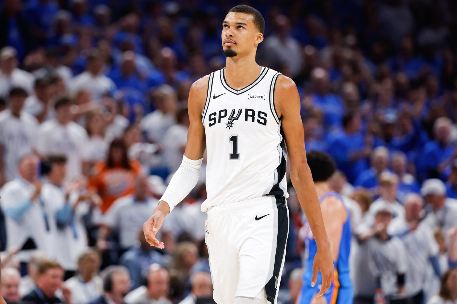 May 20, 2026; Oklahoma City, Oklahoma, USA; San Antonio Spurs forward Victor Wembanyama (1) looks on during the fourth quarter against the Oklahoma City Thunder during game two of the western conference finals for the 2026 NBA playoffs at Paycom Center. Mandatory Credit: Alonzo Adams-Imagn Images