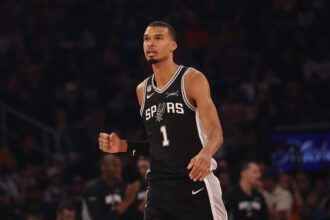 Jun 8, 2026; New York, New York, USA; San Antonio Spurs forward Victor Wembanyama (1) looks on during game three of the 2026 NBA Finals against the New York Knicks in the first quarter at Madison Square Garden. Mandatory Credit: Geoff Burke-Imagn Images