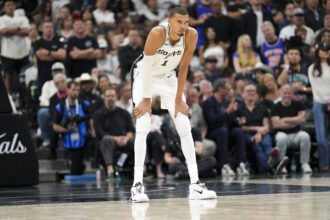 Jun 5, 2026; San Antonio, Texas, USA; San Antonio Spurs forward Victor Wembanyama (1) looks on in the second half during game two of the 2026 NBA Finals at Frost Bank Center. Mandatory Credit: Scott Wachter-Imagn Images
