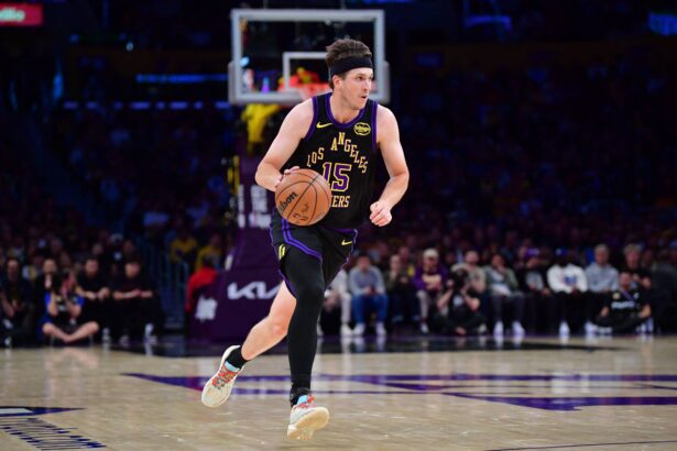 Los Angeles, California, USA; Los Angeles Lakers guard Austin Reaves (15) controls the ball against the Minnesota Timberwolves during the first half at Crypto.com Arena. Mandatory Credit: Gary A. Vasquez-Imagn Images