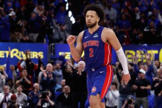 May 13, 2026; Detroit, Michigan, USA; Detroit Pistons guard Cade Cunningham (2) celebrates in the second half against the Cleveland Cavaliers during game five of the second round of the 2026 NBA Playoffs at Little Caesars Arena. Mandatory Credit: Rick Osentoski-Imagn Images