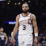 Oklahoma City, Oklahoma, USA; Phoenix Suns forward Dillon Brooks (3) walks off the court in the second half of game two of the first round of the 2026 NBA Playoffs against the Oklahoma City Thunder at Paycom Center. Mandatory Credit: Alonzo Adams-Imagn Images