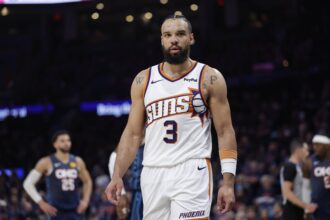 Oklahoma City, Oklahoma, USA; Phoenix Suns forward Dillon Brooks (3) walks off the court in the second half of game two of the first round of the 2026 NBA Playoffs against the Oklahoma City Thunder at Paycom Center. Mandatory Credit: Alonzo Adams-Imagn Images