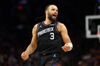 Phoenix, Arizona, USA; Phoenix Suns forward Dillon Brooks (3) against the Oklahoma City Thunder during game four of the first round of the 2026 NBA Playoffs at Mortgage Matchup Center. Mandatory Credit: Mark J. Rebilas-Imagn Images