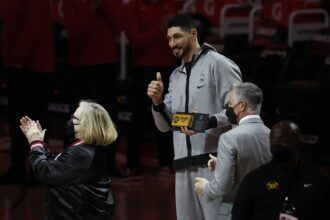 Portland, Oregon, USA; Portland Trail Blazers center Enes Kanter (11) receives the Maurice Lucas Award prior to the game game three in the first round of the 2021 NBA Playoffs against the Denver Nuggets at Moda Center. Mandatory Credit: Soobum Im-USA TODAY Sports
