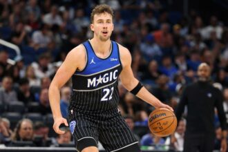 Apr 1, 2026; Orlando, Florida, USA; Orlando Magic forward Franz Wagner (22) controls the ball against the Atlanta Hawks in the fourth quarter at Kia Center. Mandatory Credit: Nathan Ray Seebeck-Imagn Images