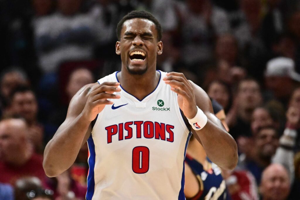 May 11, 2026; Cleveland, Ohio, USA; Detroit Pistons center Jalen Duren (0) reacts after a play against the Cleveland Cavaliers during the second half of game four in the second round of the 2026 NBA Playoffs at Rocket Arena. Mandatory Credit: Ken Blaze-Imagn Images