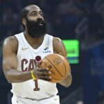 Cleveland, Ohio, USA; Cleveland Cavaliers guard James Harden (1) looks to shoot in the third quarter against the Atlanta Hawks at Rocket Arena. Mandatory Credit: David Richard-Imagn Images