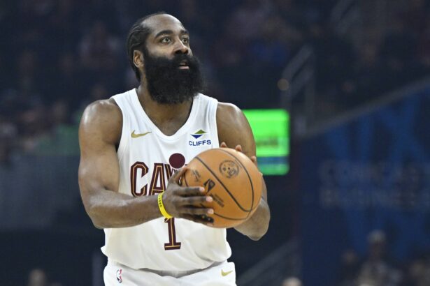 Cleveland, Ohio, USA; Cleveland Cavaliers guard James Harden (1) looks to shoot in the third quarter against the Atlanta Hawks at Rocket Arena. Mandatory Credit: David Richard-Imagn Images
