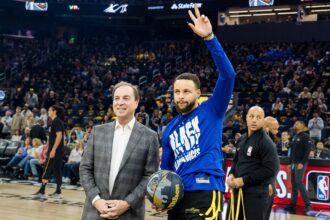 San Francisco, California, USA; Golden State Warriors CEO Joe Lacob presents guard Stephen Curry (30) with the 2024 NBA All-Star ball before the game against the Phoenix Suns at Chase Center. Mandatory Credit: John Hefti-USA TODAY Sports
