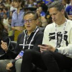 Oceanside, California, USA; Brooklyn Nets owners Clara Wu and Joseph Tsai along with Chief Executive officer Sam Zussman attend the preseason game against the Los Angeles Clippers at Frontwave Arena. Mandatory Credit: Jayne Kamin-Oncea-Imagn Images