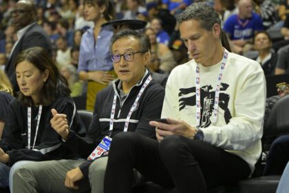 Oceanside, California, USA; Brooklyn Nets owners Clara Wu and Joseph Tsai along with Chief Executive officer Sam Zussman attend the preseason game against the Los Angeles Clippers at Frontwave Arena. Mandatory Credit: Jayne Kamin-Oncea-Imagn Images