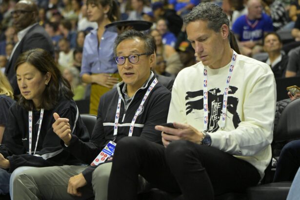 Oceanside, California, USA; Brooklyn Nets owners Clara Wu and Joseph Tsai along with Chief Executive officer Sam Zussman attend the preseason game against the Los Angeles Clippers at Frontwave Arena. Mandatory Credit: Jayne Kamin-Oncea-Imagn Images