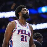 May 10, 2026; Philadelphia, Pennsylvania, USA; Philadelphia 76ers center Joel Embiid (21) looks on against the New York Knicks in the second quarter during game four of the second round of the 2026 NBA Playoffs at Xfinity Mobile Arena. Mandatory Credit: Kyle Ross-Imagn Images