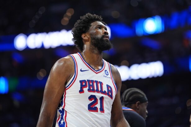 May 10, 2026; Philadelphia, Pennsylvania, USA; Philadelphia 76ers center Joel Embiid (21) looks on against the New York Knicks in the second quarter during game four of the second round of the 2026 NBA Playoffs at Xfinity Mobile Arena. Mandatory Credit: Kyle Ross-Imagn Images