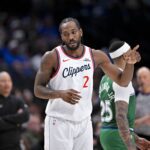 Dallas, Texas, USA; LA Clippers forward Kawhi Leonard (2) runs back up court during the game between the Mavericks and the Clippers at American Airlines Center. Mandatory Credit: Jerome Miron-Imagn Images