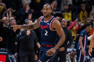 Indianapolis, Indiana, USA; LA Clippers forward Kawhi Leonard (2) celebrates the game winning shot in the second half against the Indiana Pacers at Gainbridge Fieldhouse. Mandatory Credit: Trevor Ruszkowski-Imagn Images