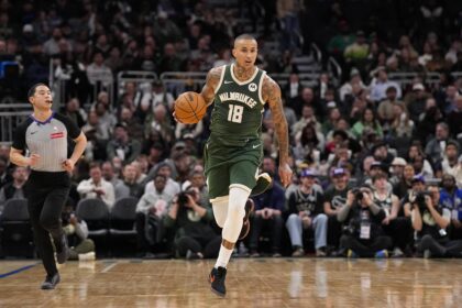 Milwaukee, Wisconsin, USA; Milwaukee Bucks forward Kyle Kuzma (18) during the game against the Cleveland Cavaliers at Fiserv Forum. Mandatory Credit: Jeff Hanisch-Imagn Images