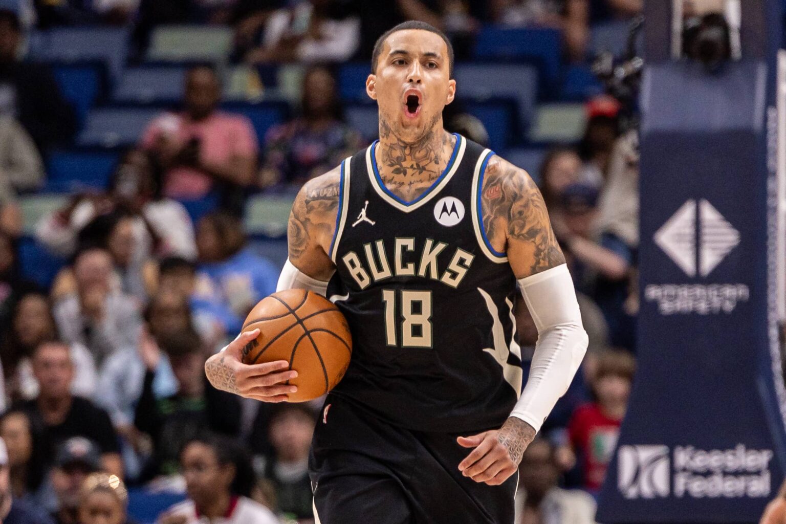 New Orleans, Louisiana, USA; Milwaukee Bucks forward Kyle Kuzma (18) reacts to a play against the New Orleans Pelicans during the first half at Smoothie King Center. Mandatory Credit: Stephen Lew-Imagn Images