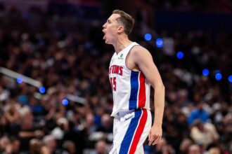 May 1, 2026; Orlando, Florida, USA; Detroit Pistons forward Duncan Robinson (55) celebrates his three pointer agains the Orlando Magic in the fourth quarter during game six of the first round of the 2026 NBA Playoffs at Kia Center. Mandatory Credit: Jeremy Reper-Imagn Images