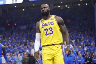 Oklahoma City, Oklahoma, USA; Los Angeles Lakers forward LeBron James (23) looks towards his bench after a play against the Oklahoma City Thunder in the first half during game one of the second round of the 2026 NBA Playoffs at Paycom Center. Mandatory Credit: Alonzo Adams-Imagn Images