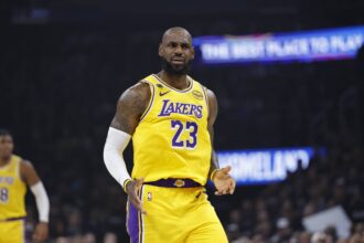 Oklahoma City, Oklahoma, USA; Los Angeles Lakers forward LeBron James (23) reacts after a play against the Oklahoma City Thunder in the first half during game two of the second round of the 2026 NBA Playoffs at Paycom Center. Mandatory Credit: Alonzo Adams-Imagn Images
