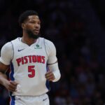 Miami, Florida, USA; Detroit Pistons guard Malik Beasley (5) looks on against the Miami Heat during the fourth quarter at Kaseya Center. Mandatory Credit: Sam Navarro-Imagn Images