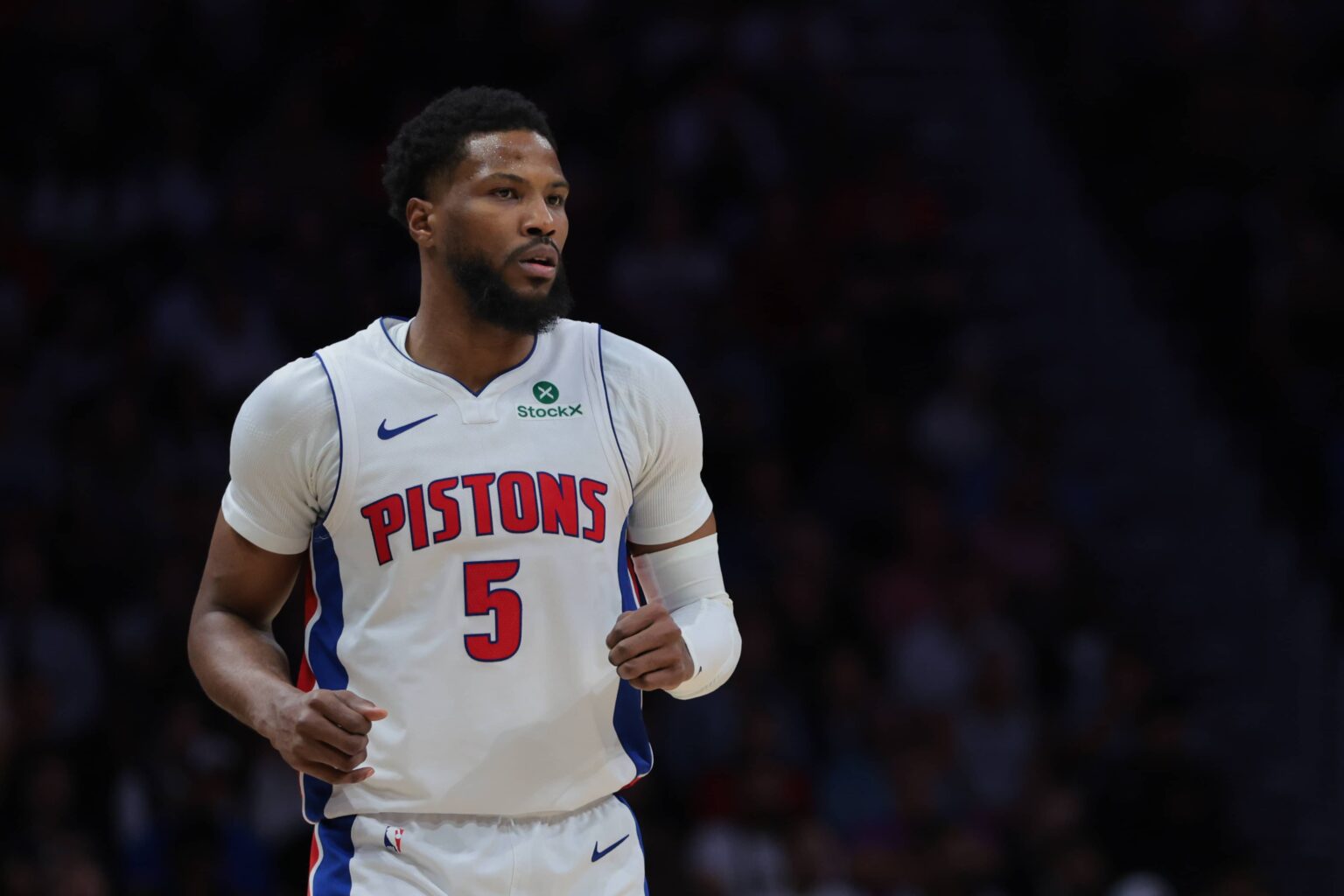 Miami, Florida, USA; Detroit Pistons guard Malik Beasley (5) looks on against the Miami Heat during the fourth quarter at Kaseya Center. Mandatory Credit: Sam Navarro-Imagn Images