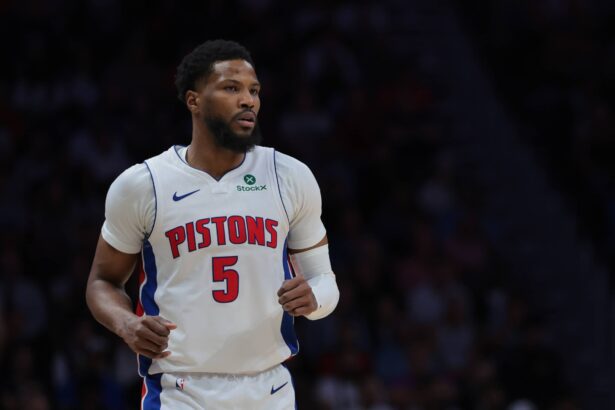 Miami, Florida, USA; Detroit Pistons guard Malik Beasley (5) looks on against the Miami Heat during the fourth quarter at Kaseya Center. Mandatory Credit: Sam Navarro-Imagn Images