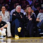Los Angeles, California, USA; Los Angeles Lakers majority owner Mark Walter and team executive Jeannie Buss in attendance at Crypto.com Arena. Mandatory Credit: Gary A. Vasquez-Imagn Images