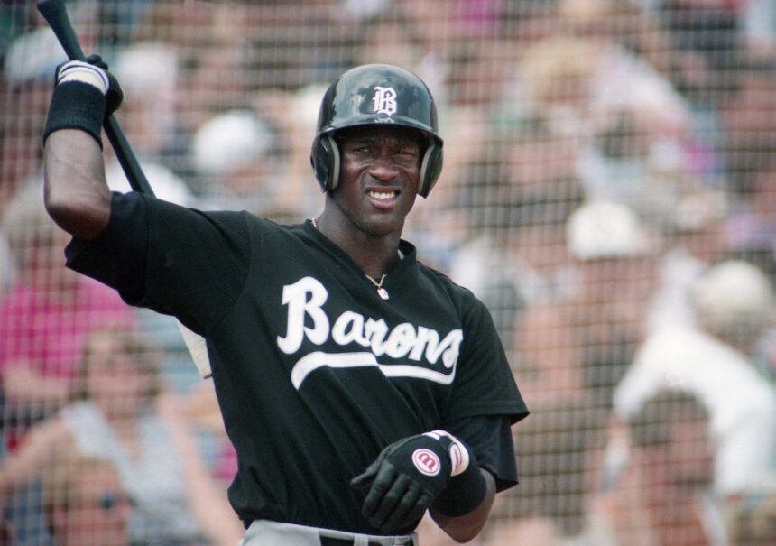 Birmingham Barons right fielder Michael Jordan gets loose in the on-deck circle as he waits his turn to bat against the Nashville Xpress at Greer Stadium in Nashville on April 24, 1994.