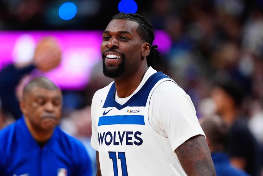 Apr 20, 2026; Denver, Colorado, USA; Minnesota Timberwolves center Naz Reid (11) reacts before the game against the Denver Nuggets during game two of the first round of the 2026 NBA Playoffs at Ball Arena. Mandatory Credit: Ron Chenoy-Imagn Images