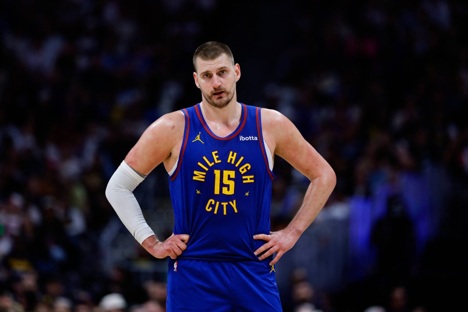Denver, Colorado, USA; Denver Nuggets center Nikola Jokic (15) in the third quarter against the Golden State Warriors at Ball Arena. Mandatory Credit: Isaiah J. Downing-Imagn Images