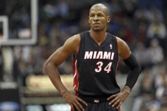 Minneapolis, MN, USA; Miami Heat shooting guard Ray Allen (34) looks on during the second half against the Minnesota Timberwolves at Target Center. The Heat won 103-82. Mandatory Credit: Jesse Johnson-USA TODAY Sports