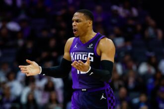 Sacramento, California, USA; Sacramento Kings guard Russell Westbrook (18) reacts after a play during the third quarter against the Los Angeles Clippers at Golden 1 Center. Mandatory Credit: Sergio Estrada-Imagn Images